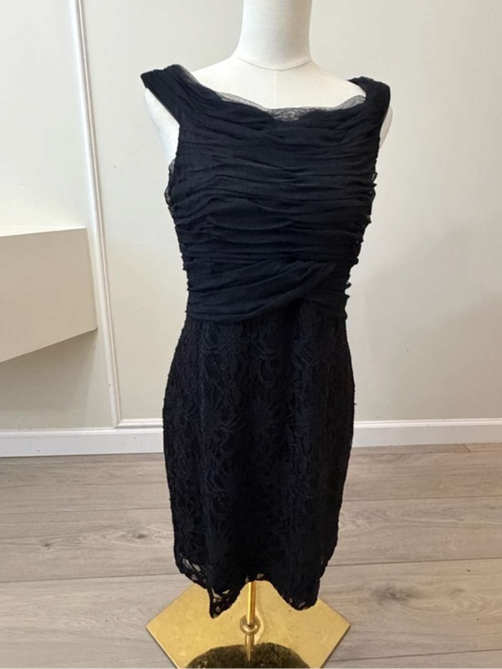 Ralph Lauren Black Ruched Bodice Lace Midi Sheath Dress